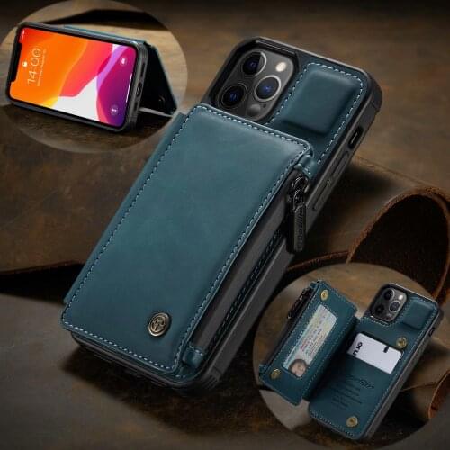 Zipper Pocket Case for iPhone 12 Pro Max Fashion Folio Leather RFID Blocking Magnetic Wallet Phone Case Cover for iPhone 12 Mini