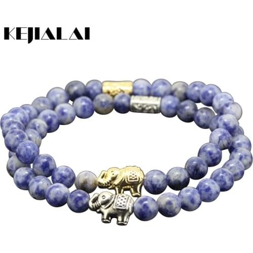 KEJIALAI 1pcs New Design Natural 6mm Round Sodalite Stone Beads Women Bracelet Charm Beaded Elephant Girl Bracelet As Lucky Gift
