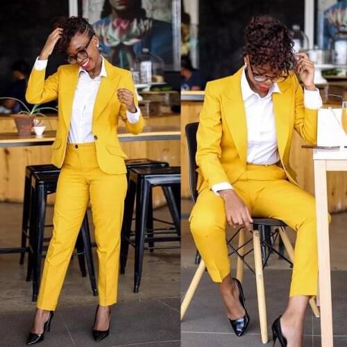 Classic Spring Slim Fit Yellow Bridal Women Jacket With Pants Customzied Fashion Office Business Suits For Wedding Tuxedos 2 Pie