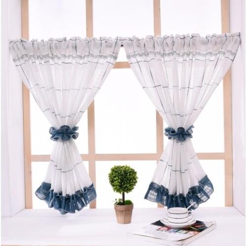 American Pastoral Style Short Curtain Navy Blue Plaid Sheer Curtains Cotton Linen Kitchen Curtain Bedroom Curtain for Home Decor