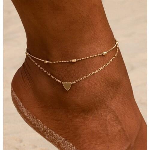 Trendy Women Anklet Gold Silver Color Heart Beads Chain Ankle Bracelets Leg Foot Beach Charm Bracelets Bohemian Jewelry Gifts