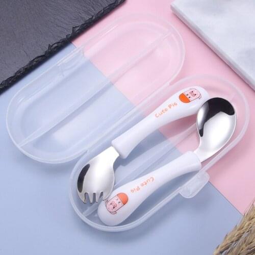Cartoon Stainless Steel Baby Training Tableware Cutlery Elbow Fork Spoon Set Storage Box Solid Food Feeding for Kids Children