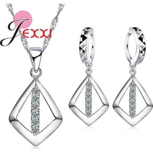 925 Sterling Wedding Jewelry Sets Geometric Suqare Drop Necklace Earrings Brincos African AAA Crystal Collar Anniversary Gift