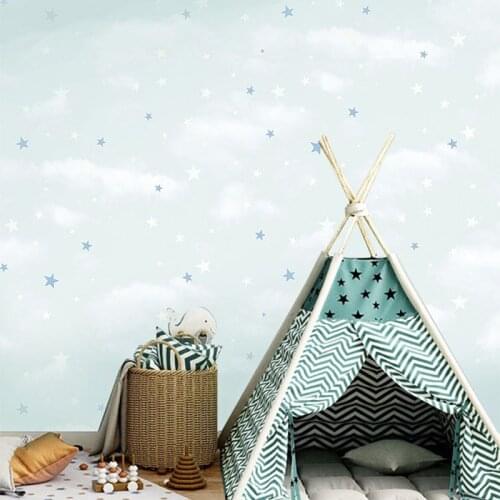 Non-Woven Wallpaper 3D Cartoon Blue Starry Sky Star Pink Wallpapers Roll Childrens Bedroom Background Wall Kids Room 3D Tapety