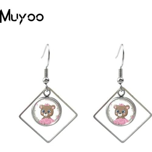 New Cute Baby Animals with Flower Wreath Fish Hook Earrings Kawaii Bear Elephant Kitten Raccoon Panda Animals Rhombus Earrings