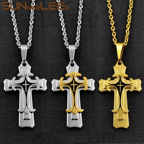 SUNNERLEES Stainless Steel Jesus Christ Cross Pendant Necklace Rolo Link Chain Silver Color Gold Plated Men Boys Gift SP208