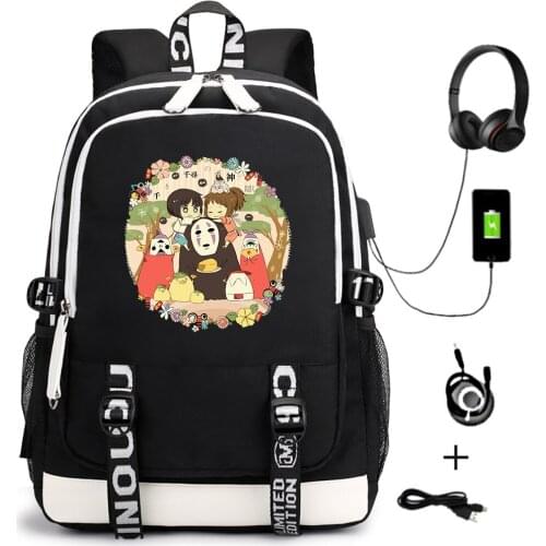 Anime Spirited Away Casual Backpack Zipper Unisex School Bags for Teenagers USB Travel Cartoon Laptop Shoulder Bags Bookbag