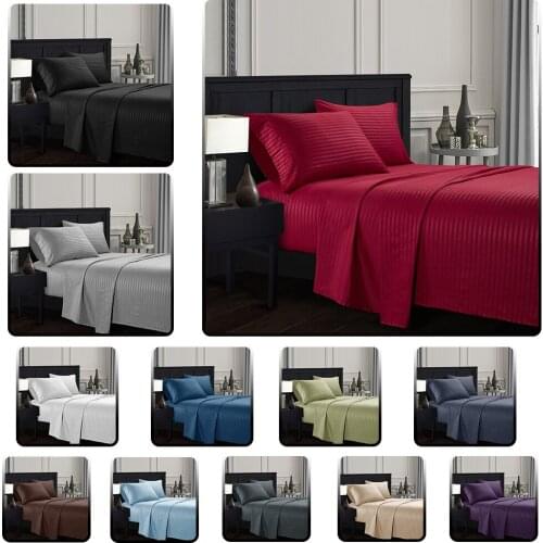 Plain satin striped Bedding Sheet Set Bed Linens Flat Sheet+Fitted Sheet+Pillowcase Twin/Full/Queen/ King Size Soft comfortable