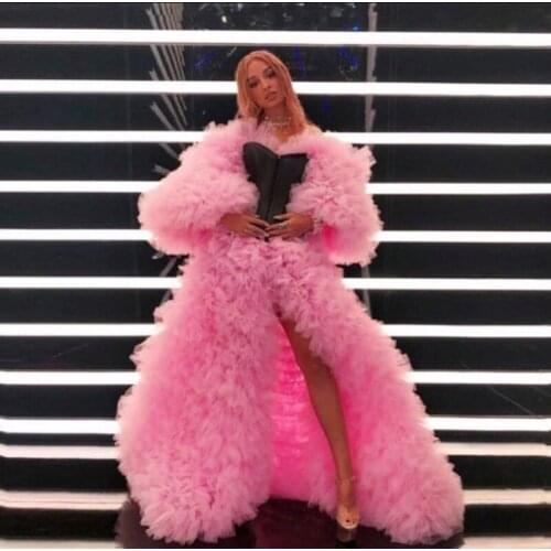 Fluffy Tulle Ruffles Long Tiered Jacket Ruched A-line Prom Gowns Puffy Sleeves Pink Cape Women Cloak Thick Fashion