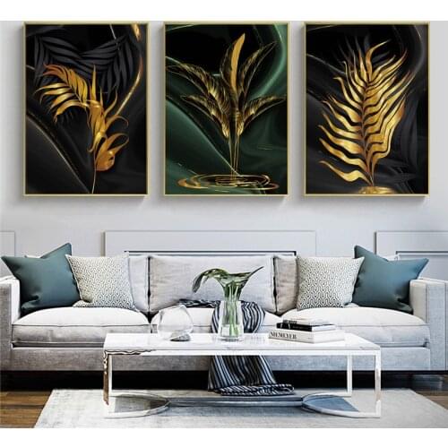 Nordic Modern Gold and Green Leaves Canvas Painting Fashion Style Art Prints and Posters Wall Picture for Living Room Home Decor