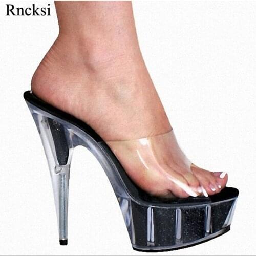 Rncksi Women Plus Size New Dance Sexy woman 15 cm high heel waterproof table cool flash crystal slippers model Women Slippers