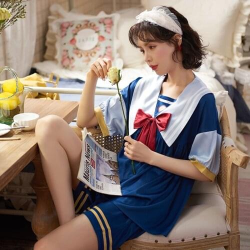 Womens Home Clothes Blue Print Ice Silk Pajamas With Shorts Cartoon Bow Sleepwear Loose Thin Sleep Sets Outfits Summer