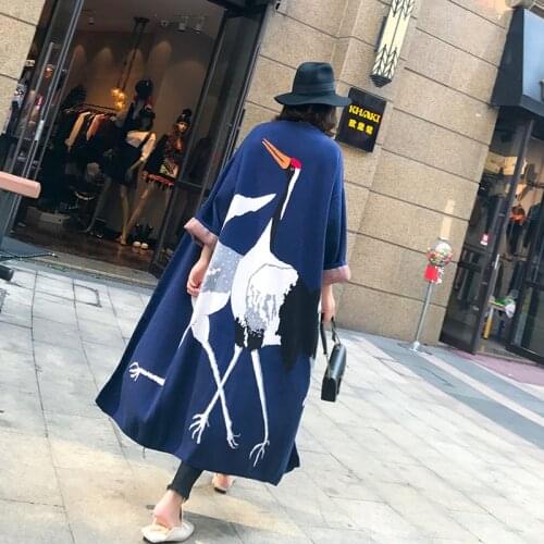 Spring autumn Casual jacket Cashmere long Coat Women Cartoon swan Pattern Open Stitch Knit Long jackets wild Outwear veste femme