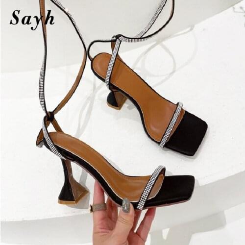 Women Shiny Rinestones Crystal Sandals Pumps Lace Up Strappy Stilettos Strange High-Heel Sandals Party Shoes