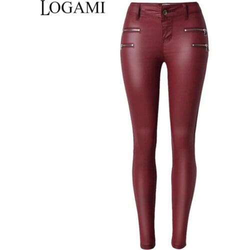 LOGAMI Faux Leather Pants Women Skinny Low Waist Pu Leather Trousers Wine Red