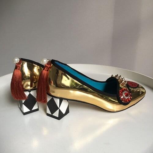 Ladies Vintage Pearl tassel Decoration Shoes woman Rhinestone High Heels Pumps 2021 Crystal Dancing Party gold Shoes 34-43 S05