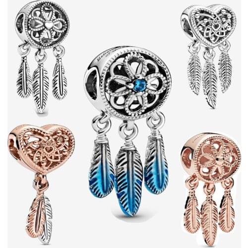 2021 New Charm 925 Sterling Silver Blue Dreamcatcher Charm Fit pandora Bracelet Necklace Pendant Heart Charm DIY Jewelry
