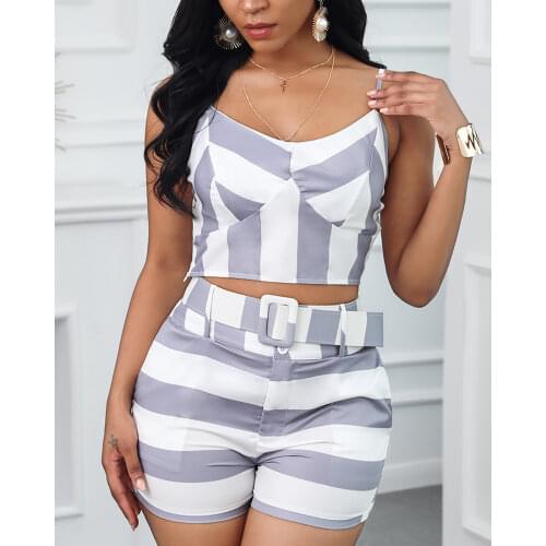 Summer Women Striped Cami Top & Short Sets 2021 New Femme Elegant Spaghetti Strap Crop Top & Skinny Pants With Belt Set