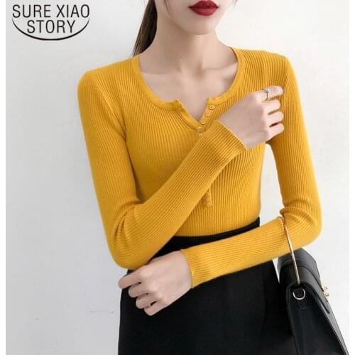 Knitted Elasticity V-neck Long Sleeve Pullovers Sweater Autumn Winter Slim Women Casual Sweet Slim Turtleneck Free Size 6032 50