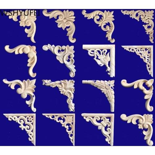 2 Pcs Unpainted Flower pattern Wood Carved Figurines Crafts Corner Appliques Frame Wall Door Furniture Woodcarving Decorative