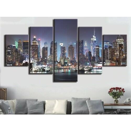 New York Modern City at Night 5 Panel Canvas Picture Print Wall Art Canvas Painting Wall Decor for Living Room Poster No Framed