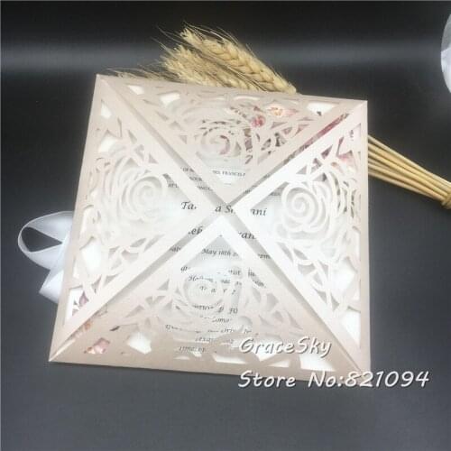 50pcs/lot free shipping hollow laser cut rose flowers design birthday wedding invitation cards with customized text