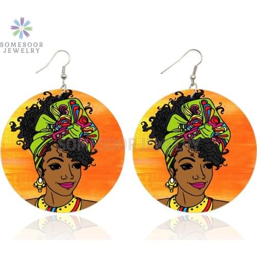 SOMESOOR Vintage Afro Ethnic Fabric Styles Wooden Drop Earrings Black Tribal Loops African Map Curls Hairs Printed For Women