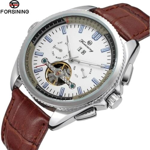 Forsining Navigator Series Brown Leather Tourbillion Watch Blue Dial Calendar Display Men Automatic Watch Top Brand Luxury Clock