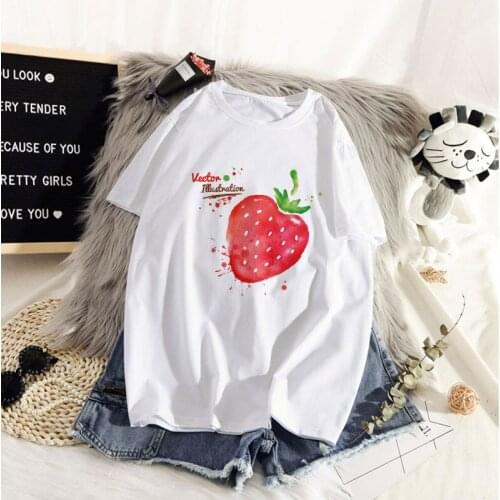 Harajuku Graphic Women T-Shirt Short Sleeve Cute Strawberry Apple Funny Printed Oversized T-Shirt Fashion Casual White T-Shirts