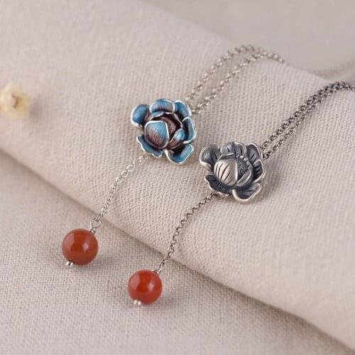 Cloisonne South Red Pendant Womens S925 Sterling Silver Vintage Ethnic Style Blue Lotus Tassel Agate Beads Burnt Blue Chain Set