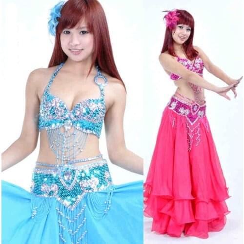 Belly Dance Costume S/M/L indian dancer 3pcs Bra&Belt&Skirt Sexy Dancing women clothes Set bellydance wear 9 color 802
