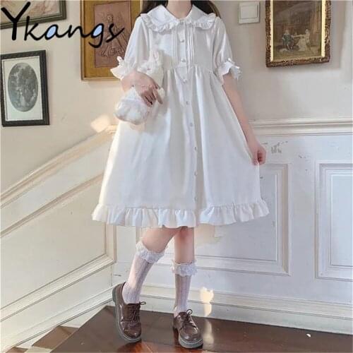 Lolita White Ruffles Puff Sleeves Doll Collar Loose Clothing Summer New Lace Up Preppy Style Bow Elegant Sweet Girl Kawaii Dress