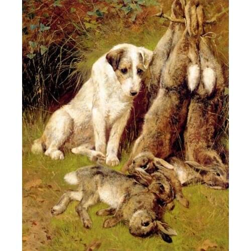 OILPainting arthur wardle the days bag dog with prey rabbit hare hand painted