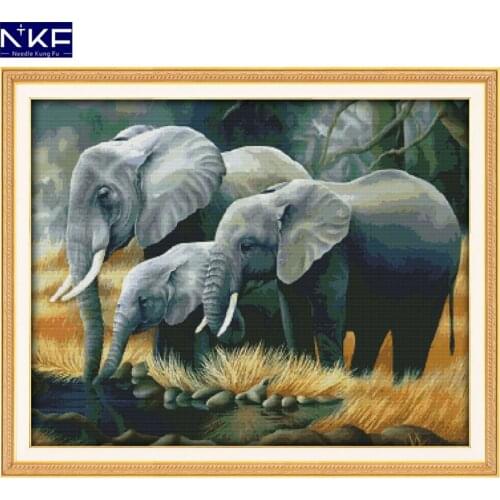 NKF The Family of Elephants Animal Pattern Handmade Craft Needlework Cross Stitch Embroidery Kit Cross Stitch for Home Decor