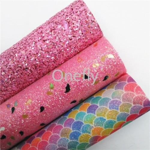 Onefly PINK Chunky Glitter Leather, Mermaid Faux Leather Glitter Fabric Sheets For Bow DIY handbags shoes BQ007