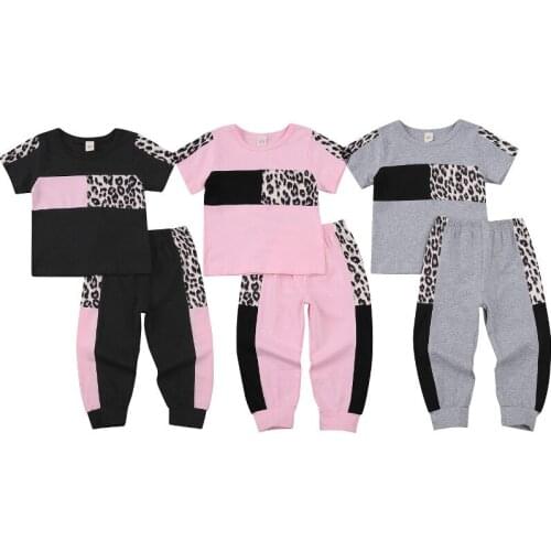 1-6Y Kids Baby Girls Clothes Sets 2021 Summer Children Tracksuit Leopard Patchwerk Short Sleeve T-shirt +Pant Casual Kids Outfit