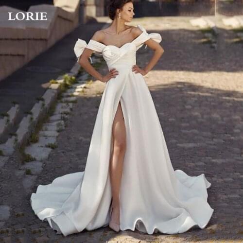 LORIE Fairy A Line Wedding Dresses Elegant Satin Bows Bridal Gowns Off Shoulder Vestido De Novia Side Split County Wedding Gowns