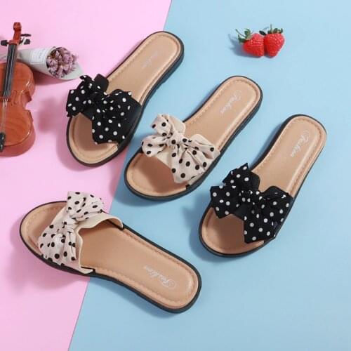 Summer Fashion Sandals Shoes Women Handmade Polka Dot Bow Summer Sandals Slipper Girls Outside Non-Slip Beach Shoe Slippers