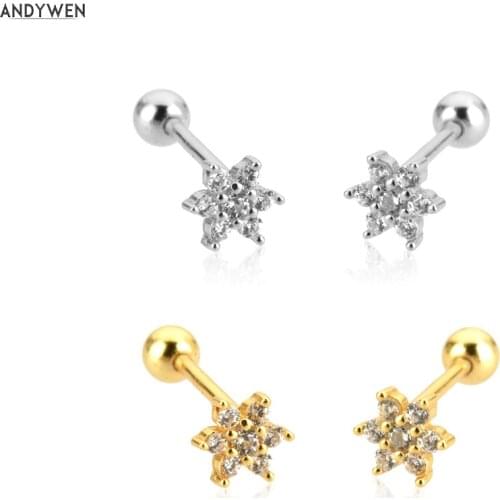 ANDYWEN 925 Sterling Silver Gold 7 Zircon Flower Charm Stud Earring Tiny Small Small Rock Punk Clips Wedding Jewelry Gift