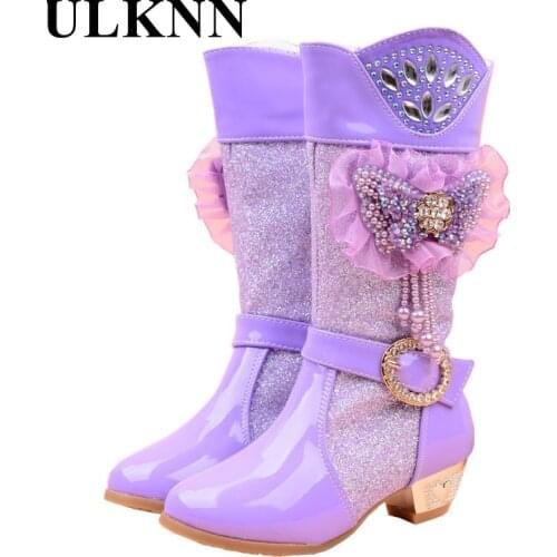 ULKNN Kids Winter Girls High-heeled Boots Children Purple Bow Plus Velvet Cotton Footwears Princess Leather Shoes Round Toe