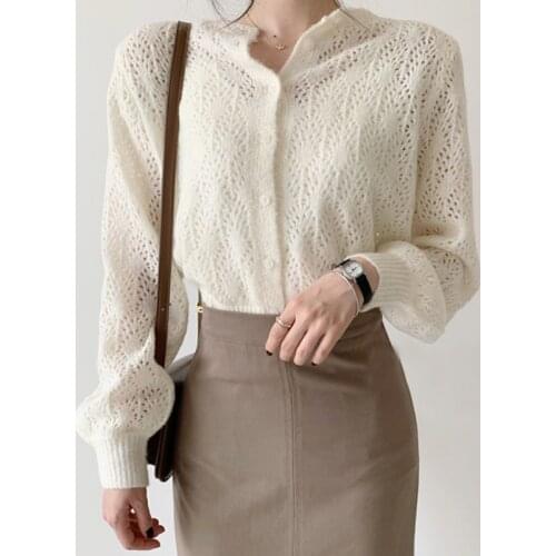 Neophil 2021 Autumn Women Hollow Out Cradigans Lace Kintting Female O Neck Lantern Sleeve Open Sweater Elegant Loose Top SW9708