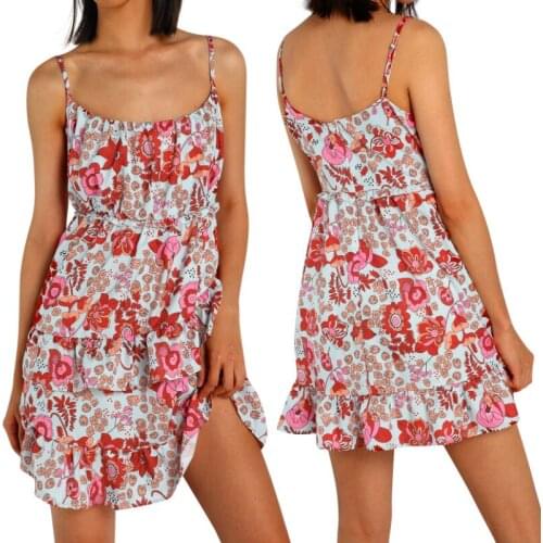 Women Summer Braces Skirt, Floral Spaghetti Straps Sleeveless Backless Layered Cropped Slip Dress for Girls