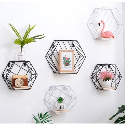 Iron Hexagonal Mesh Wall Storage Rack Metal Hanging Wall Display Shelf Holder Home Bedroom Decoration