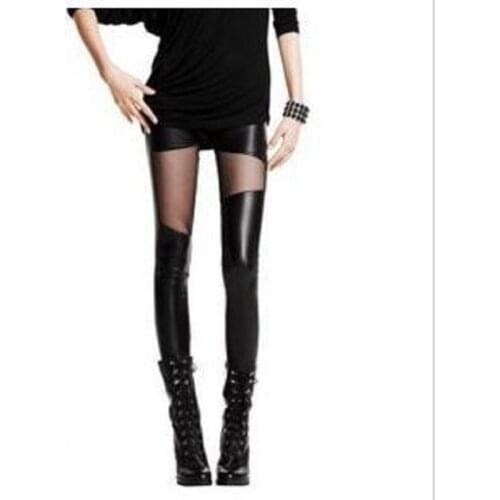 Gothic leggings rock punk sexy black pants lace plus size metallic pu faux leather imitation legings ripped leggings women