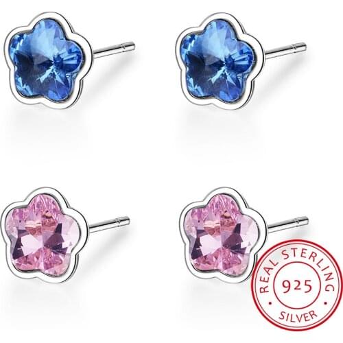 Green/Blue/Pink Crystal Plum blossom Flower 925 Sterling Silver Stud Earrings For Women S-E691