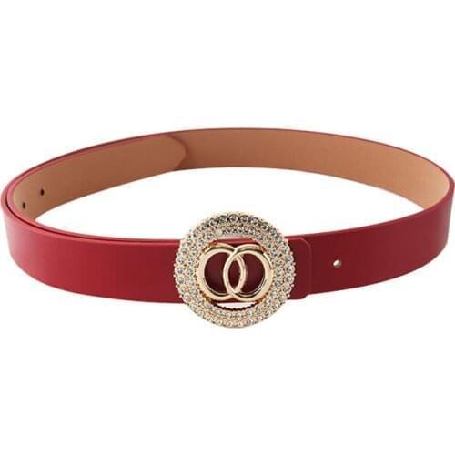 Fashion diamond double circle pin buckle belt for Women Long PU leather waist corset adult jeans trousers waistband Accessories