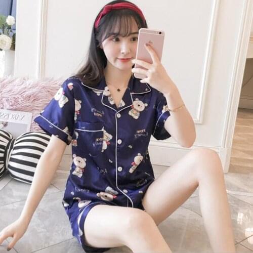 2019 Summer Womens Flower Print Pajamas Set Fashion Luxury Female Faux Silk Two Pieces Shirts + Pants Nighties Sleepwear