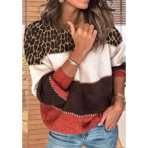 Women Round Neck Knitted Sweater Loose Pullover Knit Jumper Casual leopard knit sweater, long-sleeved pullover, round neck plus