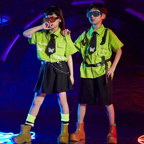 2021 Ballroom Hip Hop Clothing For Teen Boys Girls Jazz Street Dance Shirts Green Short Sleeve Drum Show Set Rave Clothes BL6066