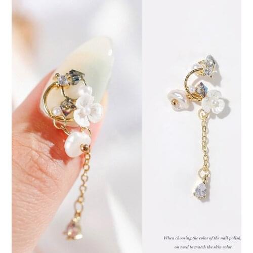 5pcs YN002 Shell flower Zircon chain Pendant Nail Art Crystal nail jewelry Rhinestone nails accessories nail decorations charms